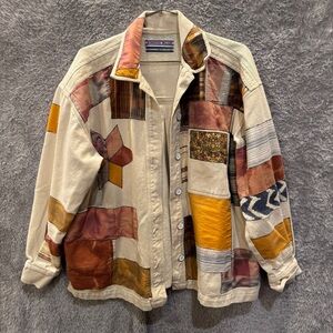Kimchi Blue Patchwork Jean Jacket in Cream, Mustard & Rust